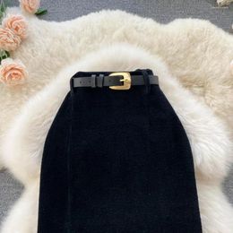 Skirts Sheath Skirt Elegant High Waist Split Midi For Women Soft Thick Warm Style With Zipper Closure Solid Colour Commute