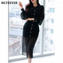 Casual Dresses BGTEEVER Spring Summer Lapel Women Dress Elegant Single-breasted Slim Waist Female Bodycon Ladies Vestidos