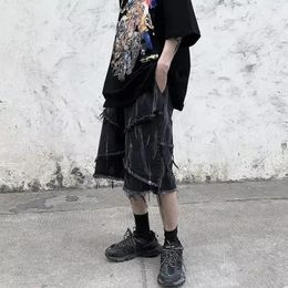 American raw edge denim men shorts summer oversize casual loose knee-high dark cropped pants streetwear 240429