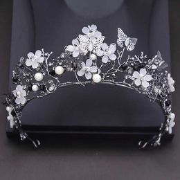 Headbands Princess Flower Wedding Crown Water Diamond Imitation Pearl Butterfly Tiaras Hair Bridal Ball Hair Jewellery Bridal Accessories Q240506