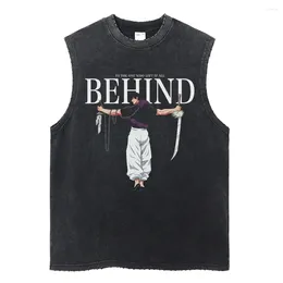 Men's Tank Tops Men Harajuku Washed Black Vest Summer Streetwear Anime Print Women Casual Sleeveless Shirt Vintage Cotton Tees