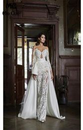 2020 New Lace Wedding Bridal Jumpsuit Dresses Sheer Long Sleeves Appliques Floor Length Bridal Gowns Vestido de festa With Over Sk5611323