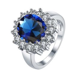 Romantic Solitaire Rings Imitation Rhodium Plated Circle Mosaic Blue Zircon Flat Ring Luxury Elegant Jewellery Wedding Propose Gifts POTA 254J