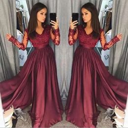 Long Dresses Bury Sleeves Prom Lace Applique Satin V Neck Floor Length Illusion Custom Made Plus Size Evening Party Gown 2020 Newest