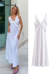 Dresses Linen Ruffles White Dress Spaghetti Strap Deep Vneck Backless High Waist Aline Dresses 2023 Summer Casual Midi Holiday Robe