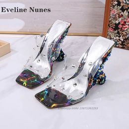 Sandals Rhinestone Transparent Band Bling Slides Square Toe Wedges Side Air Slip On Women's Patchwork Mixed Colours Shoes 2024