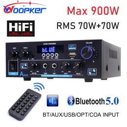 Amplifier Woopker Amplifier AK55 900W Max 2.0 Channel Rated 70W+70W Bluetooth Audio Hifi AMP Karaoke Music Player Support 110V 220V 12V