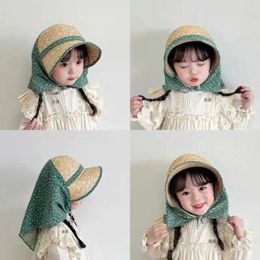 Berets Half-sided Dome Straw Hats Fashion Lace-up Shawl Beach Caps Summer Flowers Neck Guard Hat Girl Child