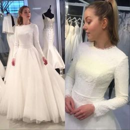 Long Sleeves Vintage Dresses 2021 Scalloped Jewel Neck Lace Sweep Train Tulle Custom Made Wedding Bridal Gown Vestidos De Novia