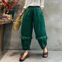 Women's Pants Cotton Linen Embroidery Flower Lace Stitching Bloomers Loose Straight Tube Radish Harem