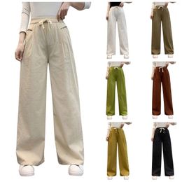 Women's Pants Casual Summer Cotton Linen Women High Waist Drawstring Wide Leg Trousers Basic Office Lady Overalls Solid Straight Trouser