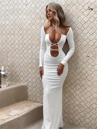 Casual Dresses Habbris White Long Sleeve Halter Dress Party Evening For Women 2024 Fall Winter Hollow Out Bodycon Maxi Booty