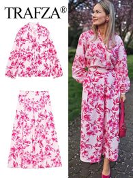 Work Dresses TRAFZA Women Pink Floral Print Blouse Skirt Suit Long Sleeves Shirts Back Zipper High Waist Skirts Woman Sweet Streetwear Sets