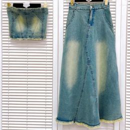 Skirts Vintage Fashion Distressed Denim Skirt Sets For Women Fringed Sleeveless Cropped Tops Vest High Waist Female Summer Y4068