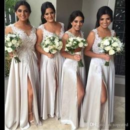 Bir nedime elbiseler tasarımcı hattı dantel aplike yan yarık onur elastik elastik saten plaj düğün partisi vestidos artı pplique