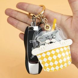 Decorative Figurines Exquisite Small Animal Keychain Lightweight Key Holder Electroplated Ring Decorate Faux Leather Milk Tea Cup Keyring