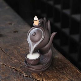 Fragrance Lamps 1pcBuddha Hand Purple Clay Teapot Backflow Incense Burner Ceramic Censer Home Office Tea House Decor (Without Incense) T240505