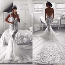 Illusion Elegant Mermaid Backklänningar Täckta knappar Lace Applique Chapel Train Custom Made Wedding Gown Vestido de Novia