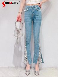 Women's Jeans Korean Sweet Heavy Industry Luxury Rhinestone Slit Hem Denim Bootcut Pants Women Stretch Slim Blue Cropped Summer