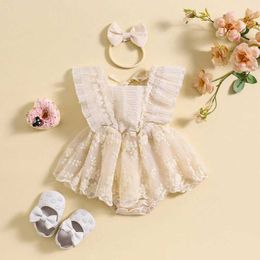 Girl's Dresses Infant Baby Girl Summer Rompers Fly Sleeve Lace Flower Embroidery Romper Dress Sweet Triangle-Bottom Jumpsuit And Headband