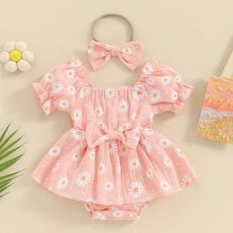 Girl's Dresses Summer Infant Baby Girls Floral Print Rompers Dress And Headdress Cute Short Sleeve Newborn Infant Jumpsuit Clothes