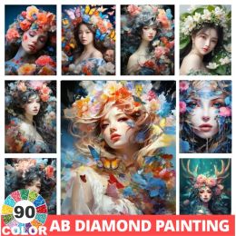 Stitch AB 5D 90 Colours Diamond Painting Portrait of Women Full Rhinestone Butterfly Flower Fairy Embroidery Mosaic Cross Stitch Manual