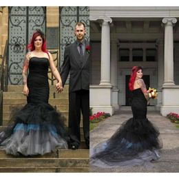 Gothic Kleider Mermaid 2021 Schwarzblau weiß Tüll Satin Sweep Zug Korsett Rückengepreis gemachtes Hochzeitskleid Vestido de Novia