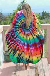 Summer V-neck Rainbow Color Smudged Long Skirt Beach Cover-Up Vacation Robe Women's Bikini Swimsuit Sun Protection Top