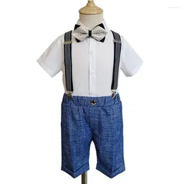 Clothing Sets Boys Summer Formal Shirt Short Suspender Bowtie 4Ps Pograph Teenager Kids Birthday Wedding Suit Children Graduation Costume