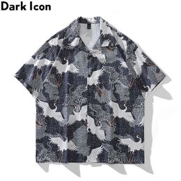 Men's Casual Shirts Dark Crane Full Printed Button Down Vintage Shirts Men Thin Material Beach Shirts Vintage Strt Mens Shirts Summer Hawaii Y240506