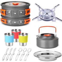 Travel Camping Equipment Tableware Cookware Kit Pots Burner Gas Stove Accessories Kitchen Utensils Sets Picnic BBQ Supplies chen