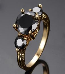Wedding Rings Vintage Female Black Crystal Stone Jewellery Yellow Gold Colour For Women Big Bride Round Engagement Ring3740492