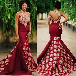 Mermaid Evening Dresses Dark Red Gold Sequins Applique High Neck Off The Shoulder Custom Made Satin Sweep Train Prom Party Gown Designer