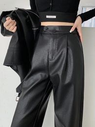 Women's Pants High Waist Causal Leather For Women 2 Button Zipper Up PU Black Fall Straight 2024 Streetwear Trousers