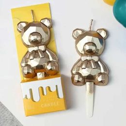 3PCS Candles 2pc Geometric Bear Candles Cake Topper Decoration Golden Silver Cake Candle Wedding Birthday Party Anniversary Decor Accessories