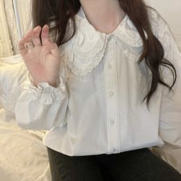 T-Shirt Preppy Style White Blouses Lolita Peter Pan Collar Shirt Button Up Cute Tops Japanse Style Vest Chic Fashion Clothing 2022 Fall