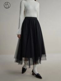 Dresses DUSHU Romantic Flowing Yarn Skirt Winter Dress New Slim High Waist Elastic Slim Skirt Black White Women Casual Loose
