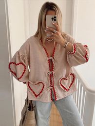 Women's Blouses Lace Up Shirts Women Elegant Pink Loose Cute Love Top Female 2024 Spring Summer V-neck Long Sleeve Chic Soft Cotton Shirt