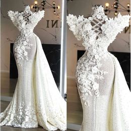 Bridal Wedding Dresses High Gown Mermaid Gorgeous Neck Sleeveless Lace Beaded Satin Beach Sweep Train Custom Made Vestidos De Novia Plus Size