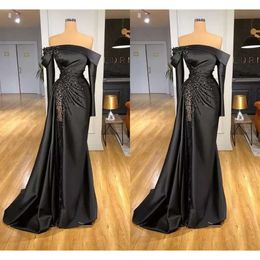 Evening Dresses Long Sleeves Black Satinoff The Shoulder Designer Beading Ruched Custom Made Prom Party Gown Formal Ocn Wear Mermaid Plus Size Vestidos