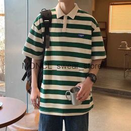 Men's T-Shirts Hong Kong style striped short Sved polo shirt mens large lapel T-shirt H240506