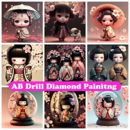 Stitch Cute Japanese Kimono Doll 5D DIY AB Diamond Painting Mosaic Cartoon Cross Stitch Embroidery Handmade Rhinestones Home Decor Gift