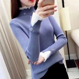 Women's Sweaters Warm Winter Sweater Ladies Fall With Patchwork Lace Detail Slim Fit Half-high Collar Solid Color