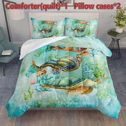 Duvet Cover 3pcs Quilt Set, Sea Turtle Pattern Bedding Set Boys And Girls, Soft Comfortable Quilt, For Bedroom, Guest Room (1*Quilt + 2*Pillowcases, Without Core)