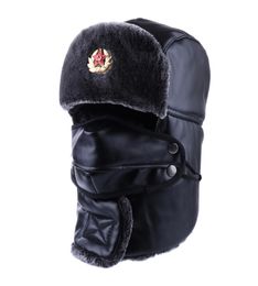 Bomber Hat Russian Ushanka PU Leather Winter Trapper Soviet Badge Army Aviator Trooper Neck Cover Earflap Snow Ski Cap with Mask C6835167