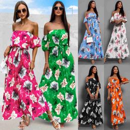 Basic Casual Dresses Designer Dress Fashionable and sexy one line collar pleated printed off shoulder sleeve women's clothing 2024 summer printed long skirt