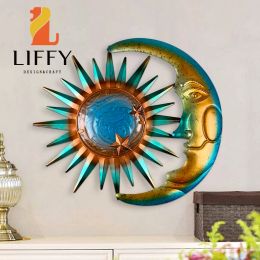 Stickers Matal Sun Wall Decor Moon and Sun Wall Art Decor Metal Sun Outdoor Wall Art Sculpture Suitable for Indoor Living Room Bedroom