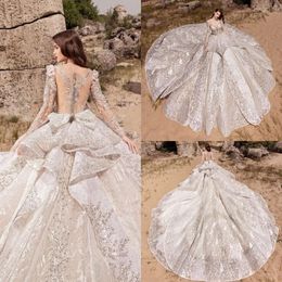 With Designer Ball Long Dresses Sleeves Scoop Neck Lace Applique Tiered Skirt Chapel Train Covered Button Wedding Gown Vestido