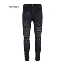 Jeans jeans jeans jeans de jeans jeans de jeans de moda masculina de caju de caju de caju dos bloqueios da moda de patch da moda, perfurado 4Y6x