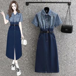 Party Dresses Plus Size Women's Denim 2024 Summer Gradient Shirt Jeans Dress With Sashes Lady Vestidos Female Robe Clothes KE749